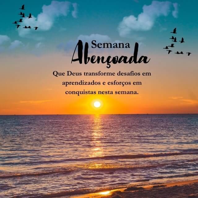 Pôr do sol sobre o mar com pássaros voando e a frase semana abençoada, transmitindo esperança e renovação